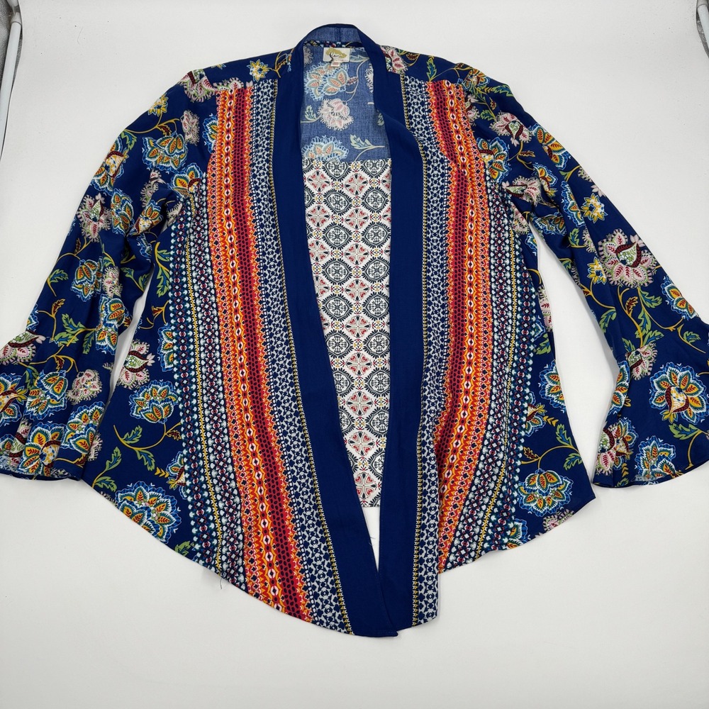Fig and Flower‎ Kimono Cardigan Womens Medium Blue Floral Bell Sleeve Open Front